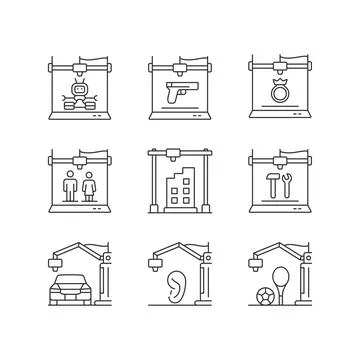 3d printing process linear icons set Stock Illustration
