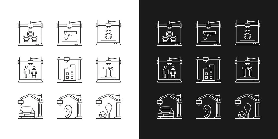 3d printing process linear icons set for dark and light mode Stock Illustration