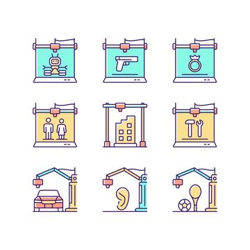 3d printing process RGB color icons set Stock Illustration