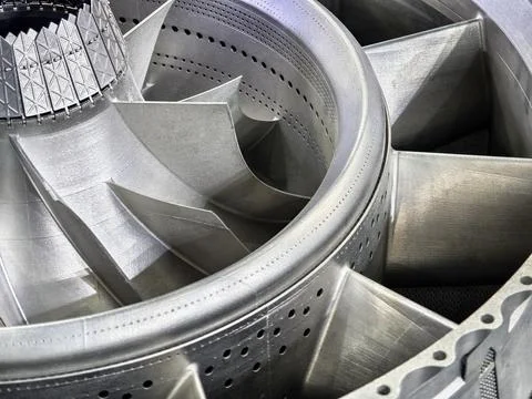 3D printing process showcasing intricate turbine engine component design in a Stockfoto's