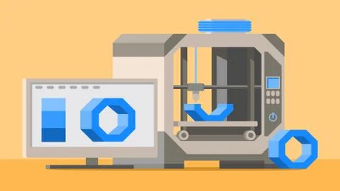 3D printing. Production process concept. Desktop computer. Stock Illustration