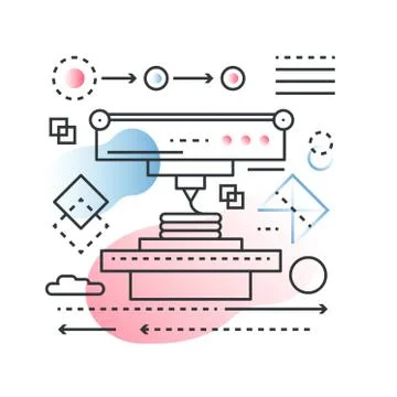 3D printing, scanning modelling technology process vector concept in trendy line Stock Illustration