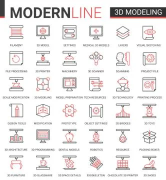 3d printing science technology flat web icon vector illustration set, 3d Illustrazione stock