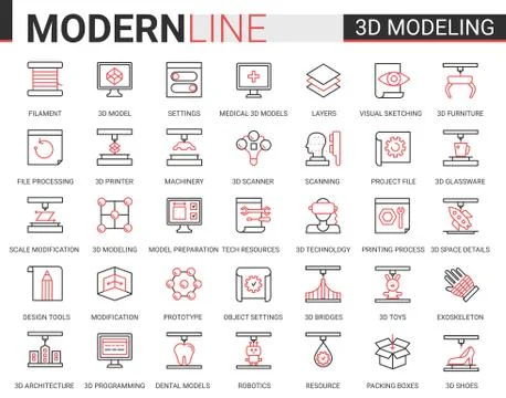 3d printing science technology flat web icon vector illustration set, 3d Illustrazione stock