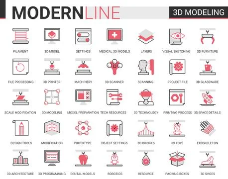 3d printing science technology flat line web icon vector illustration set, 3d Illustrazione stock