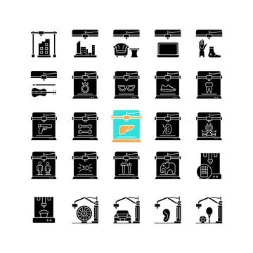 3d printing technology black glyph icons set on white space Stock Illustration