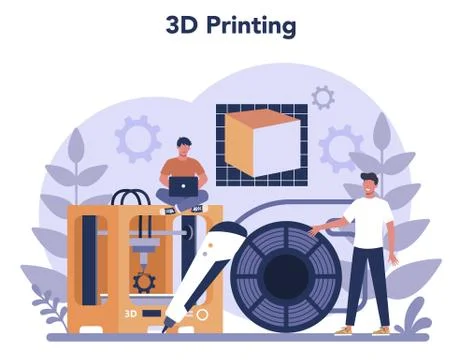 3D Printing technology concept. 3D printer equipment and engineer. Illustrazione stock