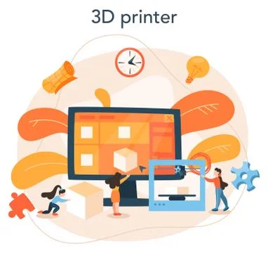 3D Printing technology concept. 3D printer equipment and engineer Illustrazione stock