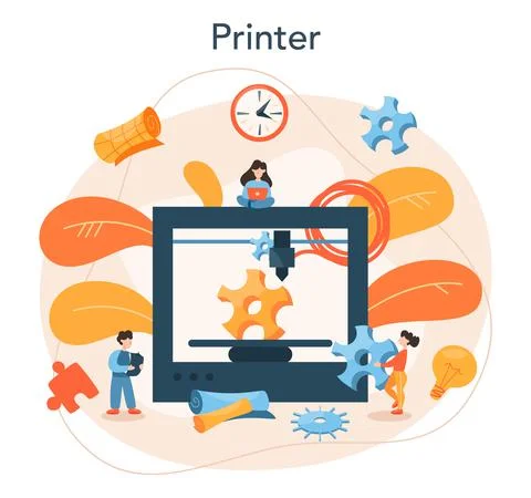 3D Printing technology concept. 3D printer equipment and engineer Stock Illustration