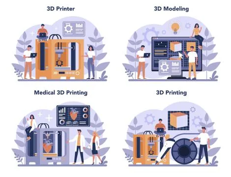 3D Printing technology concept set. 3D printer equipment and engineer. Stockillustratie