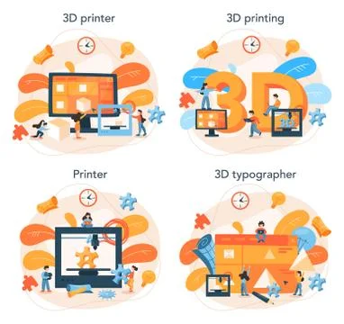 3D Printing technology concept set. 3D printer equipment and engineer Illustrazione stock