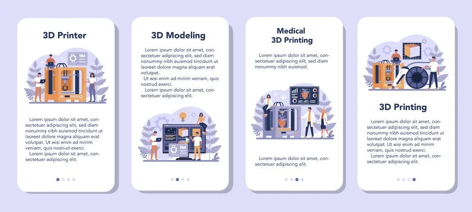 3D Printing technology mobile application banner set. 3D printer Illustrazione stock