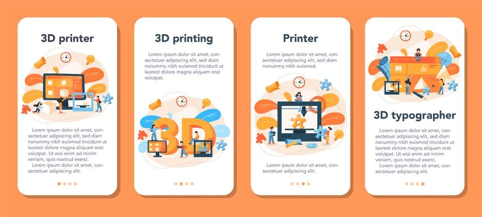 3D Printing technology mobile application banner set. 3D printer Illustrazione stock