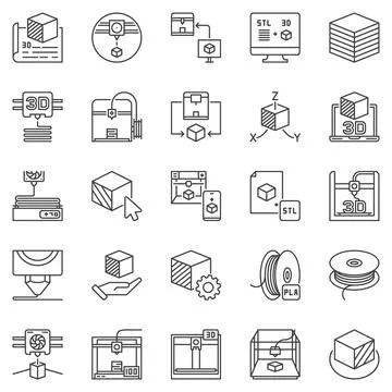 3D Printing Technology outline icons set - Additive Manufacturing concept 3.. Stock Illustration