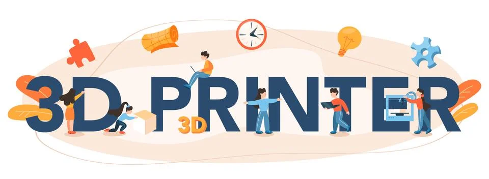 3D printing technology typographic header. 3D printer equipment Illustrazione stock