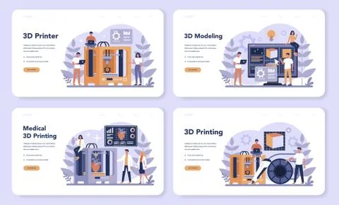 3D Printing technology web banner or landing page set. 3D printer Stockillustratie
