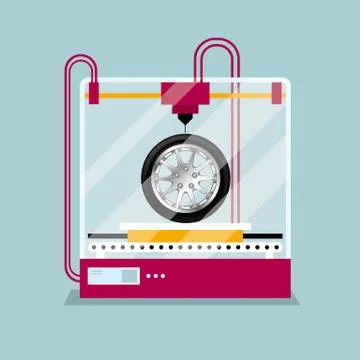 3D printing a wheel model, the concept of rapid prototyping. Illustrazione stock