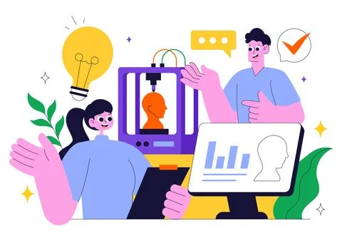 3D Printing Workshop Vector Illustration Featuring an Innovative Fabricatio.. Illustrazione stock