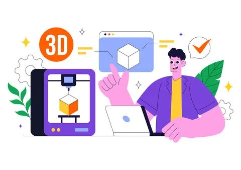 3D Printing Workshop Vector Illustration Featuring an Innovative Fabricatio.. Illustrazione stock