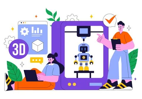 3D Printing Workshop Vector Illustration Featuring an Innovative Fabricatio.. Stock Illustration