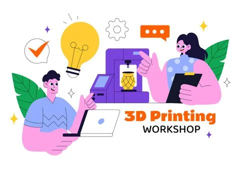 3D Printing Workshop Vector Illustration Featuring an Innovative Fabricatio.. Illustrazione stock