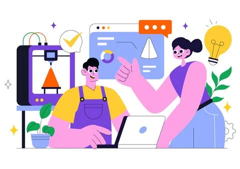 3D Printing Workshop Vector Illustration Featuring an Innovative Fabricatio.. Stock Illustration