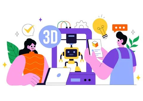 3D Printing Workshop Vector Illustration Featuring an Innovative Fabricatio.. Stock Illustration