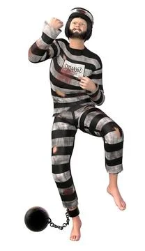 3D Prisoner in Striped Uniform with Ball and Chain Stock Illustration