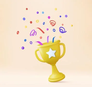 3d prize winner icon with golden cup, gold winners stars with objects floating Ilustración de archivo