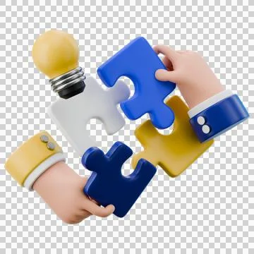 3D Problem Solving Hands with Puzzle Pieces and Light Bulb Icon Stock Illustration