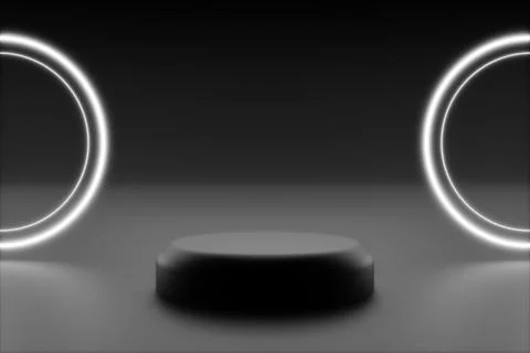 3d product background black platform or podium and white neon circle Stock Illustration