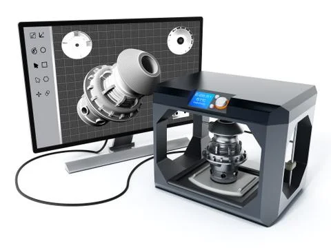 3D product design software and 3D printer. 3D illustration Ilustração Stock