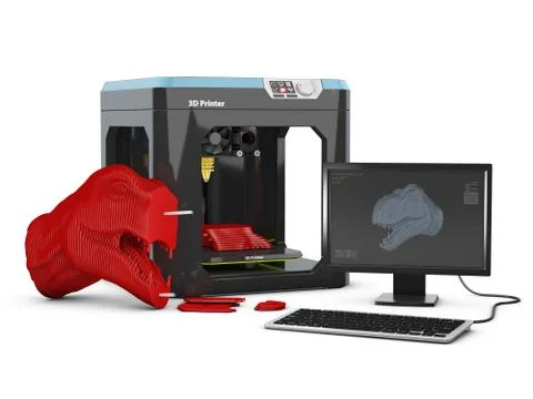 3D product design software and 3D printer. 3D illustration. Stock Illustration