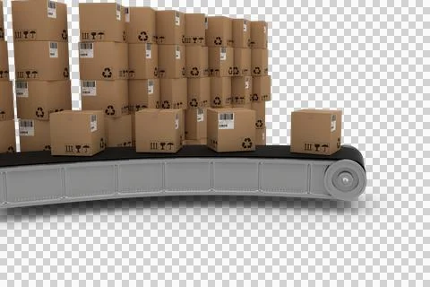 3D production line by stack of brown cardboard boxes Illustrazione stock