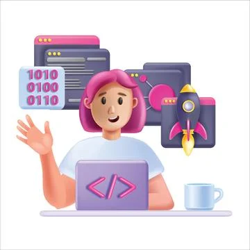 3D programmer female vector character, cartoon young webdesign freelancer Stock Illustration