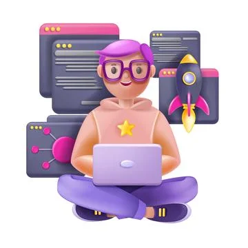 3D programmer male character, python vector cartoon code sign Stock Illustration