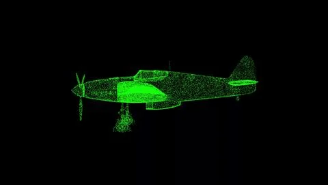 3D propeller-driven aircraft plane on black bg. Object dissolved green flicke Ilustração Stock