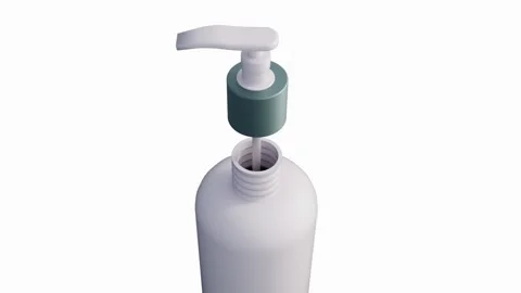 A 3D pump bottle disassembles as its cap and dispenser nozzle Stock Footage 346017048