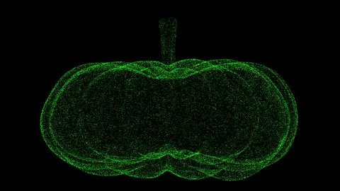 3D pumpkin on black bg. Object dissolved green flickering particles. Business Stockillustratie