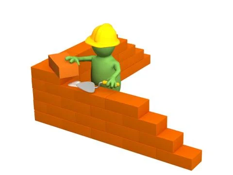3d puppet - builder, building a brick wall Stock Illustration