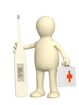 3d puppet doctor with a thermometer Illustrazione stock
