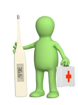 3d puppet doctor with a thermometer Illustrazione stock