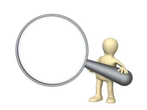 3d puppet, holding big magnifier Stock Illustration