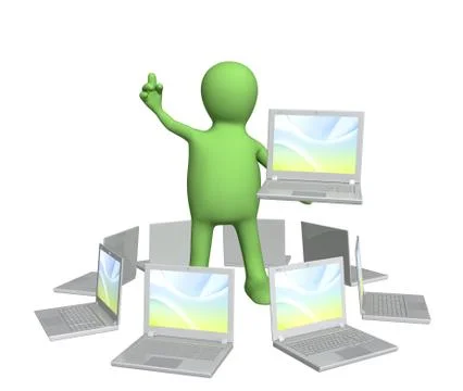 3d puppet with laptop in hand Stock Illustration