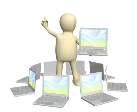 3d puppet with laptop in hand Stock Illustration