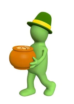 3d puppet - leprechaun, carrying pot with gold coins Stock Illustration