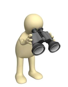 3d puppet looking through field-glass Stock Illustration