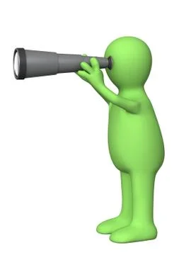 3d puppet looking through spyglass Stock Illustration