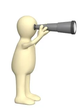 3d puppet looking through spyglass Stock Illustration