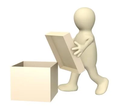 3d puppet with opened box Stock Illustration